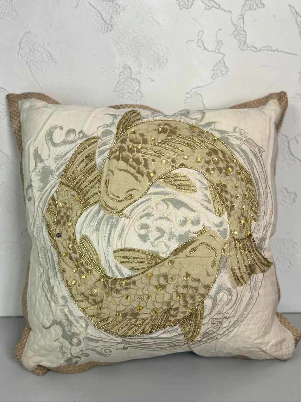 Pier 1 Imports Beaded Koi Fish Decorative Throw Pillow 18x18 Cream Gold Multi